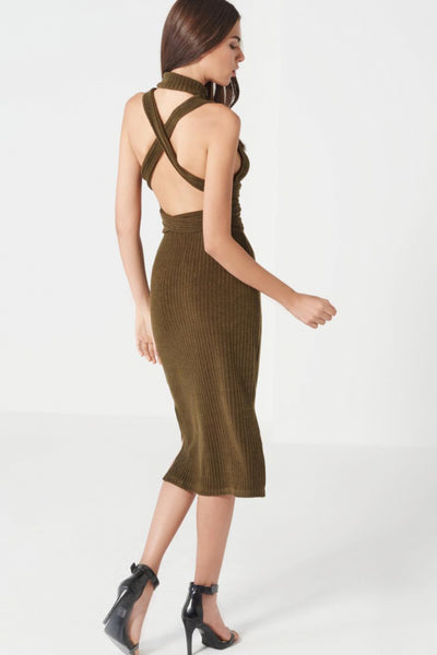 Khaki Rib Knit Open Back Wrap Tie Midi ...